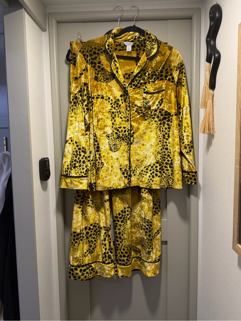 Velvet Leopard-Print Pajama Set in Mustard Yellow